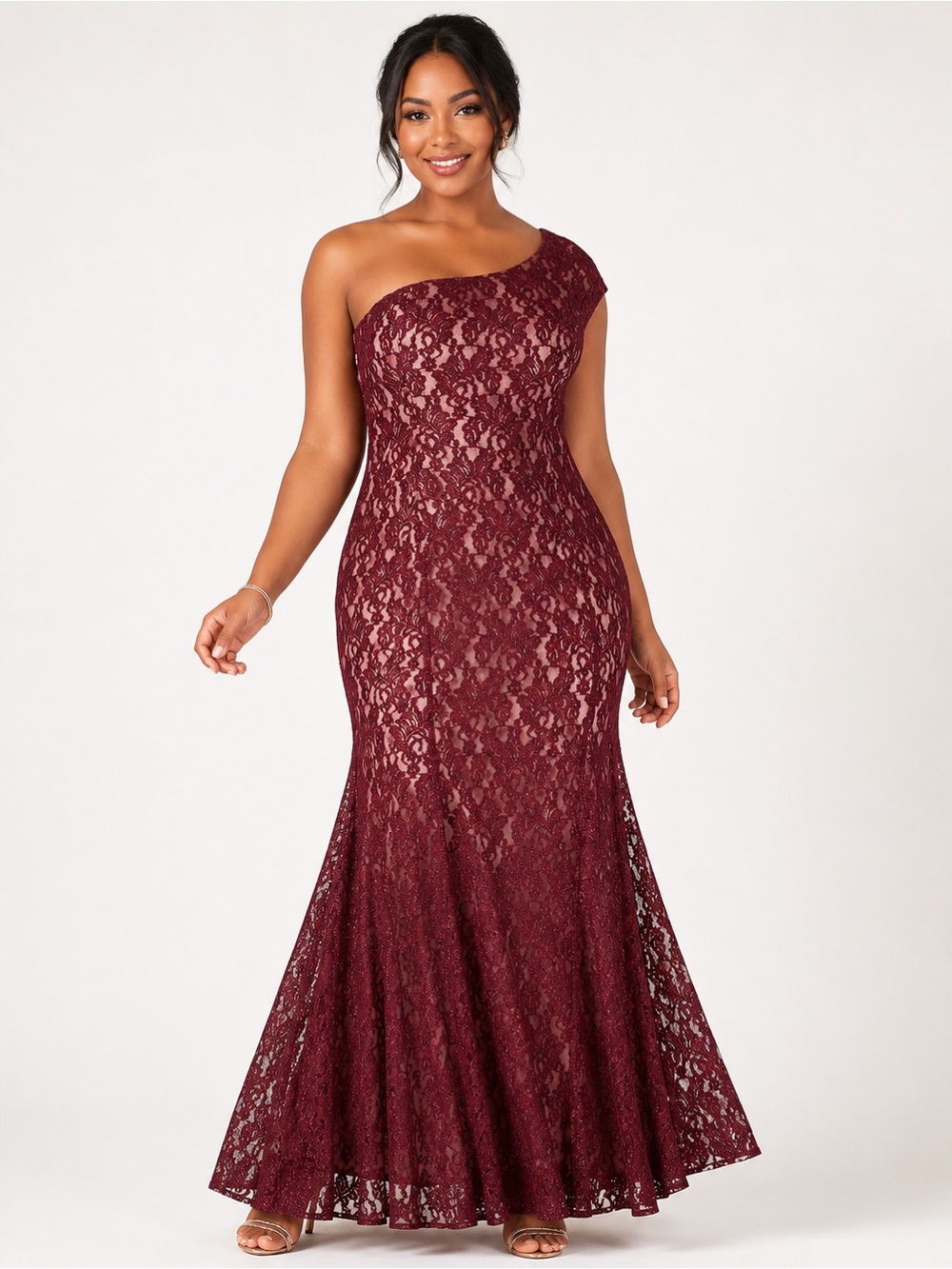 Nightway Plus Size One-Shoulder Glitter MerlotNude